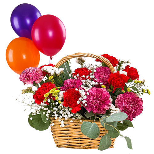 Mixed Carnations Basket with Balloons Mixed Carnations Basket with Balloons