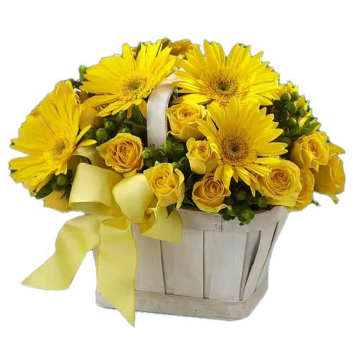 Blushing Yellow Roses N Gerberas Basket Blushing Yellow Roses N Gerberas Basket