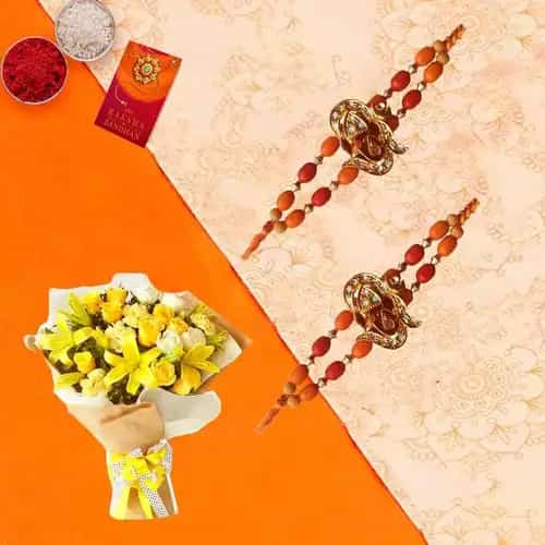 Mellowing Bouquet of Flourishing Flowers with Free 2 Rakhis and Roli Tilak Chawal