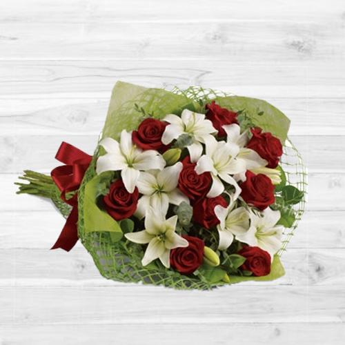 Dark Red Roses N Lilies Bouquet Dark Red Roses N Lilies Bouquet