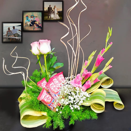 Artistic Mixed Flowers N Chocolates Arrangement