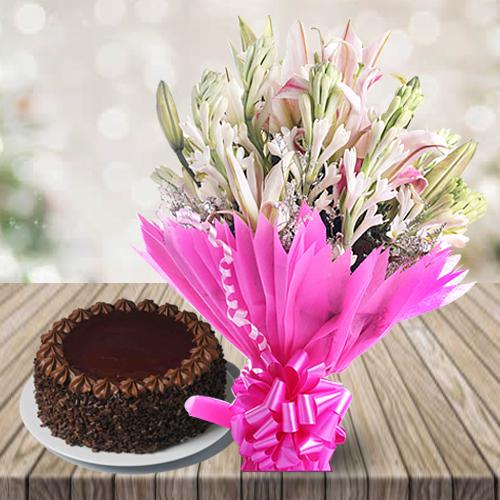 Wonderful Lilies N Gladiolus Bouquet with Chocolate Cake Wonderful Lilies N Gladiolus Bouquet with Chocolate Cake