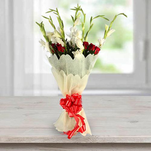 Beautiful Bouquet of Gladiolus N Roses in Tissue Wrap Beautiful Bouquet of Gladiolus N Roses in Tissue Wrap