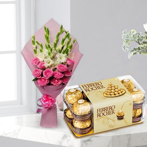 Mesmerizing Roses n Gladiolus Bouquet with Ferrero Rocher Mesmerizing Roses n Gladiolus Bouquet with Ferrero Rocher