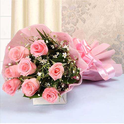 Bouquet of 8 Pink Roses with Tissue Wrapping