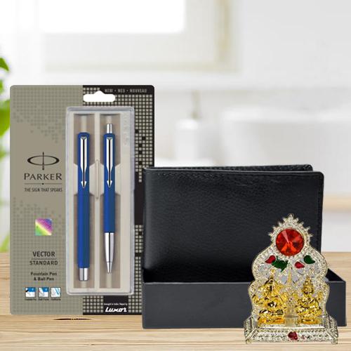 Elegant Parker Pen Set with a Rich Borns Black Leather Wallet n Laxmi Ganesh Mandap Elegant Parker Pen Set with a Rich Borns Black Leather Wallet n Laxmi Ganesh Mandap
