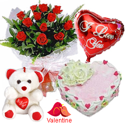 MidNight Delivery ::12 Exclusive  Dutch Red    Roses  Bunch with Cute Teddy Bear Love Cake 1 Lb and  Heart Shaped Balloons