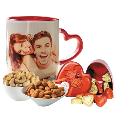 Lovely Personalized Photo Mug n Heart Chocolates with Dry Fruits