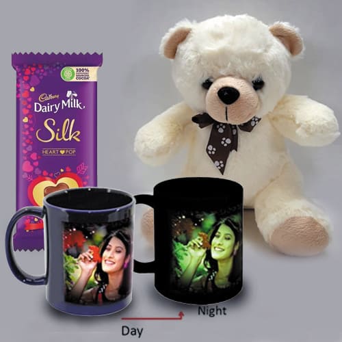 Wonderful Personalized Photo Radium Mug with Teddy n Heart Chocolates