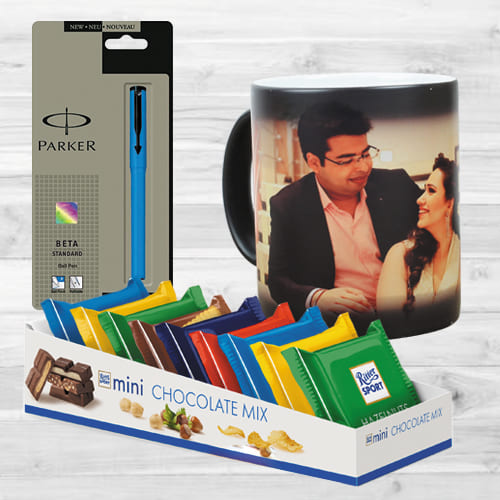 Remarkable Personalized Photo Magic Mug N Parker Pen with Mini Chocolates