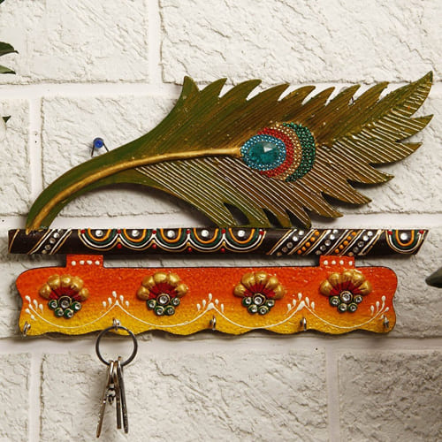 Beautiful Mor Pankhi Wooden Key Holder