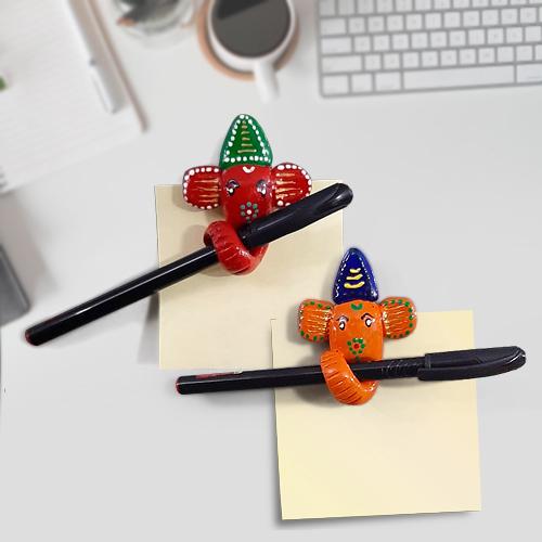 Magnificent Pair of Handmade Multi Purpose Ganesha Pen Holder Cum Fridge Magnet with 2 Ball Pens n Sticky Note