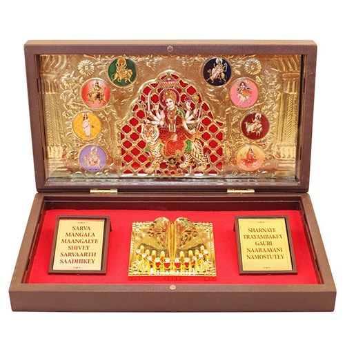 Auspicious Gold Plated NavDurga Photo N Charan Paduka Set