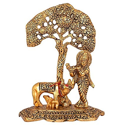 Antique Krishna Idol with Kamdhenu Cow