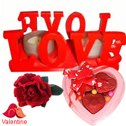 Love Candle Stand Gift with 2 Candles with a 3 pcs Heart Shaped Hand Made Chocolate & a Free Velvet Rose Love Candle Stand Gift with 2 Candles with a 3 pcs Heart Shaped Hand Made Chocolate & a Free Velvet Rose