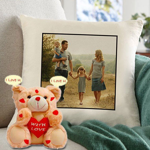 Eye Catching Personalized Cushion with an I Love You Singing Teddy Eye Catching Personalized Cushion with an I Love You Singing Teddy