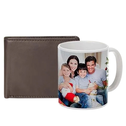 Magnificent Personalized Photo Coffee Mug with Rich Borns Brown Leather Wallet for Men