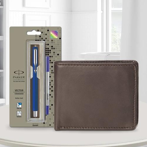 Exclusive Parker Vector Standard Ball Pen with a Brown Leather Wallet