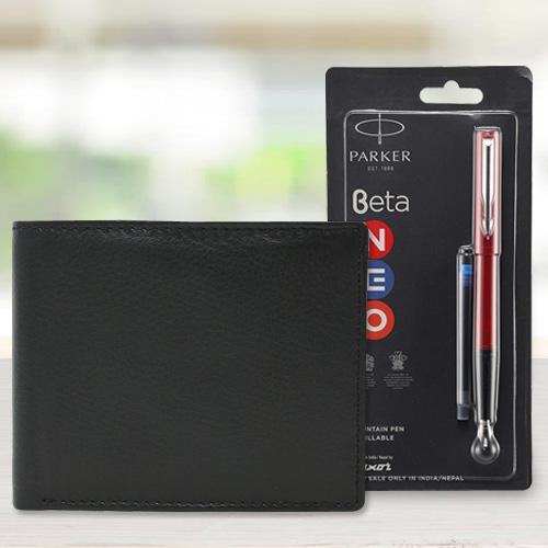 Admirable Parker Beta Ball Pen with a Leather Wallet for Men Admirable Parker Beta Ball Pen with a Leather Wallet for Men
