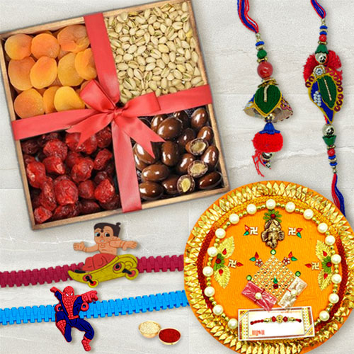 Lovely Family Rakhi Set N Puja Thali with Exotic Dried Fruits