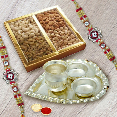 Designer Rakhi Set with Dry Fruits n Silver Plated Paan Shape Thali