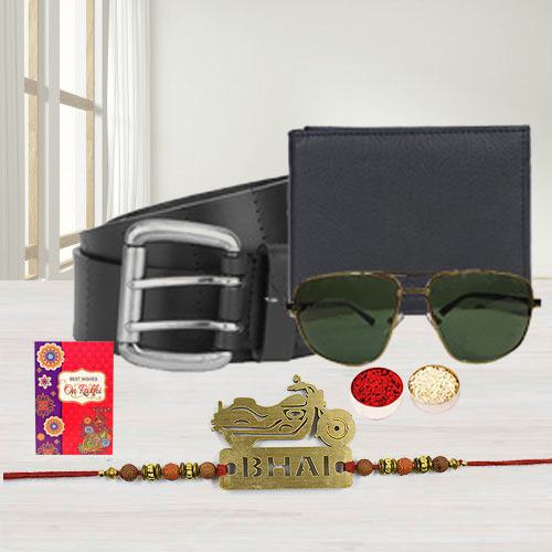 Stylish Biker Bhai Rakhi with Mens Wallet Belt n Sunglasses