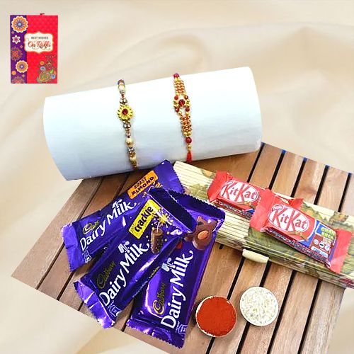 Cool Golden Rakhi Set N Chocolates Assortment in Bamboo Box