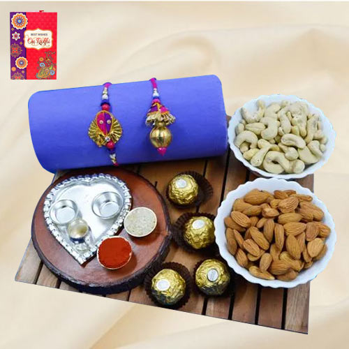 Zardosi Rakhi Lumba with Puja Thali Dry Fruits n Ferrero Rocher