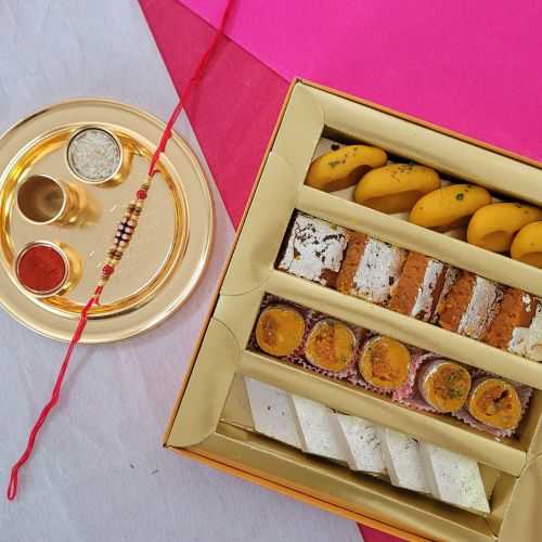 Attractive Stone Rakhi  N  Assorted Sweets with Golden Rakhi Thali