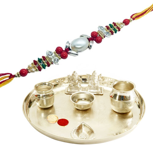 Classy Rakhi Special Gift of Silver Plated Pooja Thali with free Rakhi Roli Tilak and Chawal for your Dear Brother Classy Rakhi Special Gift of Silver Plated Pooja Thali with free Rakhi Roli Tilak and Chawal for your Dear Brother