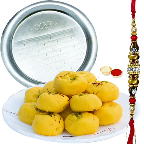 Remarkable Pooja Thali and Haldiram Kesar Pedas Gift Set with Free Rakhi Roli Tilak and Chawal for your Beloved Brother