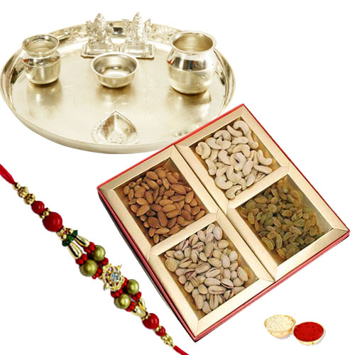 Traditional Rakhi Special Gift of Silver Plated Thali and Seasonal Dry Fruits with Free Rakhi Roli Tilak and Chawal