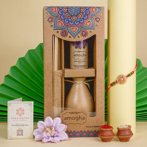Premium Kundan Rakhi N Reed Diffuser Gift Combo Premium Kundan Rakhi N Reed Diffuser Gift Combo