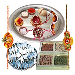 Superb Rakhi Special Presents of Dry Fruits Classic Silver plated Thali Delicious Kaju Katli with 2 Free Rakhi Roli Tika and Chawal Superb Rakhi Special Presents of Dry Fruits Classic Silver plated Thali Delicious Kaju Katli with 2 Free Rakhi Roli Tika and Chawal