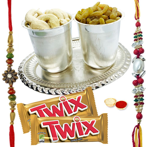 Exclusive Pooja Thali decked with Parker Pen Twix Chocolates 2 Free Rakhi Roli Tika and Chawal