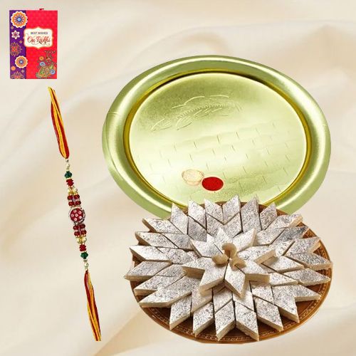 Exclusive Rakhi Special Gift of Gold Plated Puja Thali and Kaju Katli from Haldiram with Rakhi Roli Tilak and Chawal Exclusive Rakhi Special Gift of Gold Plated Puja Thali and Kaju Katli from Haldiram with Rakhi Roli Tilak and Chawal