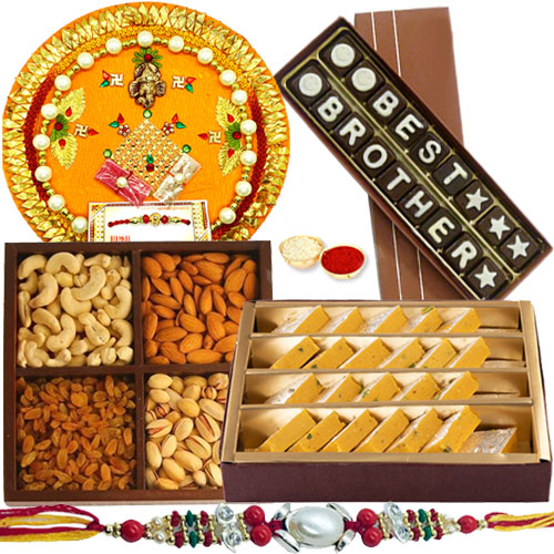 Fabulous Compilation of Best Brother Homemade Chocolate Set Assorted Dry Fruits Badam Barfi from Haldiram and Shree Thali Gift Set with Rakhi and free Roli Tilak and Chawal