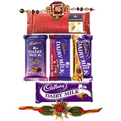 Delectable Raksha Bandhan Special Gift of Cadbury Chocolates Hamper with Free Rakhi Roli Tilak and Chawal Delectable Raksha Bandhan Special Gift of Cadbury Chocolates Hamper with Free Rakhi Roli Tilak and Chawal