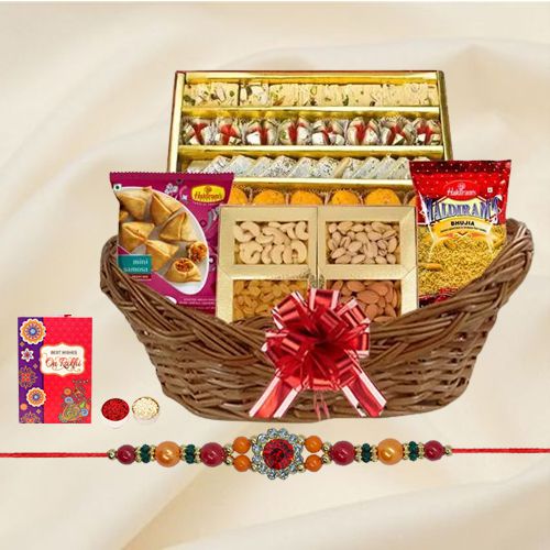 Appealing Rakhi Delicacies in a Basket Appealing Rakhi Delicacies in a Basket