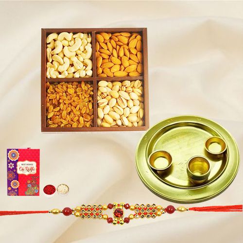 Fantastic Rakhi Collection of Gold Plated Thali and Dry Fruits Gift Set with Free Rakhi Roli Tilak and Chawal