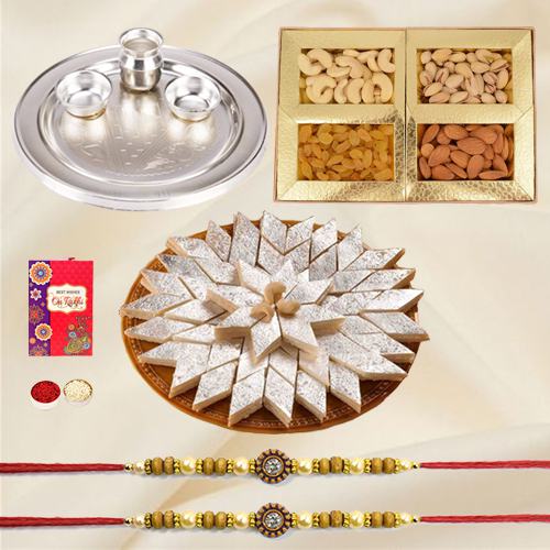 Classy Gold Plated Thali with Haldiram Kaju Katli N Dry Fruits along with 2 Free Rakhi Roli Tilak and Chawal on the Occasion of Raksha Bandhan Classy Gold Plated Thali with Haldiram Kaju Katli N Dry Fruits along with 2 Free Rakhi Roli Tilak and Chawal on the Occasion of Raksha Bandhan