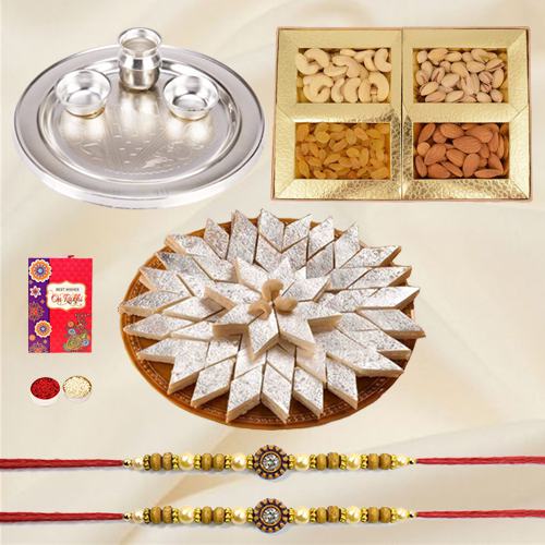 Classy Gold Plated Thali with Haldiram Kaju Katli N Dry Fruits along with 2 Free Rakhi Roli Tilak and Chawal on the Occasion of Raksha Bandhan