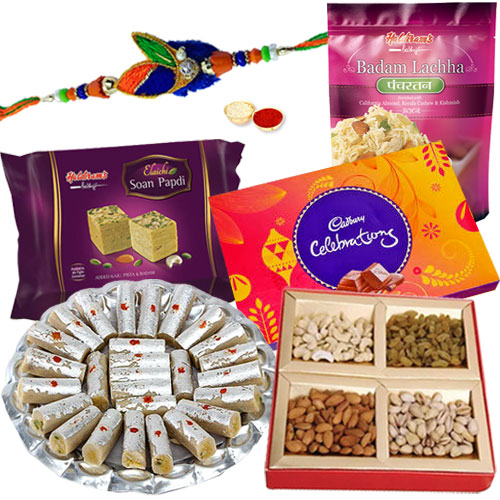 Sweets N Savory Gift Hamper with Rakhi Sweets N Savory Gift Hamper with Rakhi