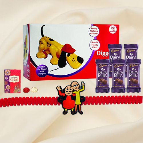 Motu Patlu Rakhi with Funskool Digger Dog and Chocolates to Amritsar, India Motu Patlu Rakhi with Funskool Digger Dog and Chocolates to Amritsar, India