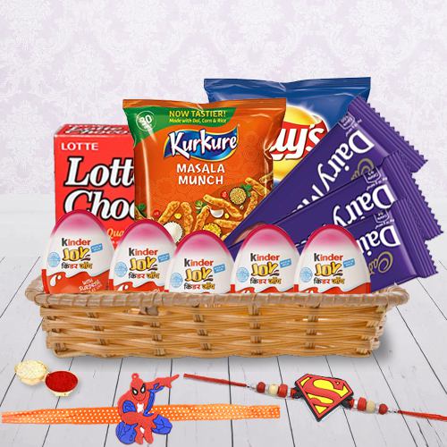 Fancy Kids Rakhi Pair with Assorted Chocolates, Chips n Kinder Joy