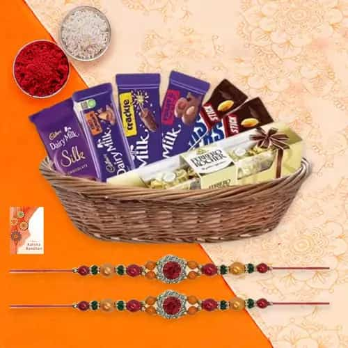 Ethnic Rakhi Pair with Assorted Chocolates n Ferrero Rocher