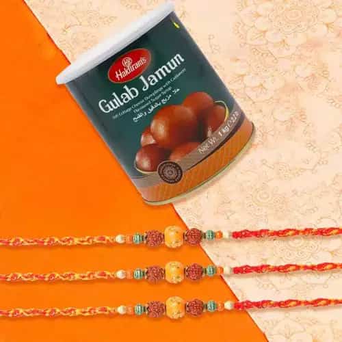 Holy Rudraksha Rakhi N Gulab Jamun Duo Holy Rudraksha Rakhi N Gulab Jamun Duo