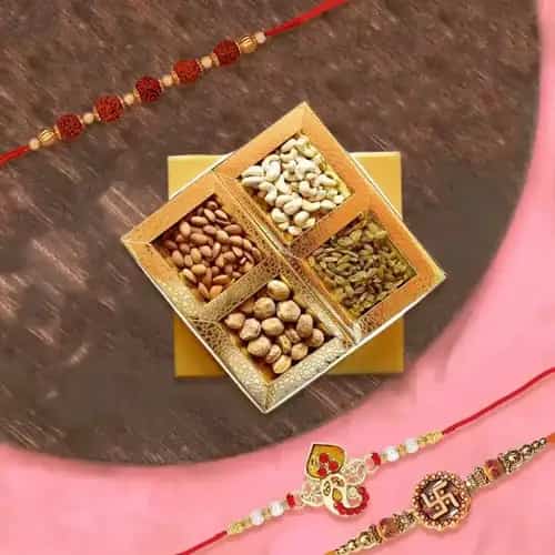 Breathtaking Spiritual Rakhi Trio with Assorted Dry Fruits Breathtaking Spiritual Rakhi Trio with Assorted Dry Fruits