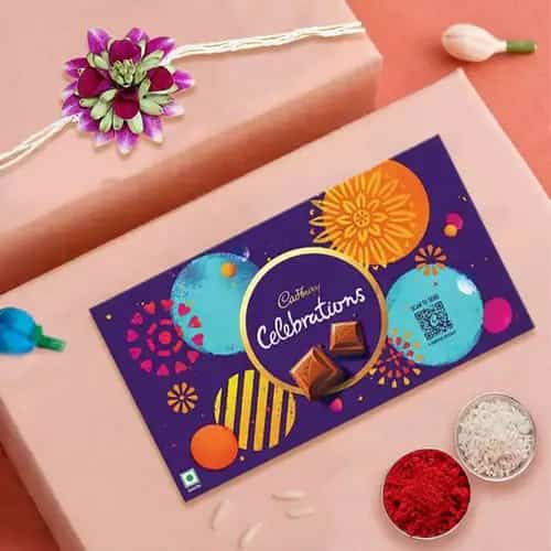 Attractive Flower Rakhi for Brother with a Cadbury Celebration Chocolate Pack Attractive Flower Rakhi for Brother with a Cadbury Celebration Chocolate Pack