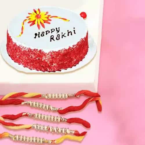 Classy Rakhi Set of 4 with Red Velvet Cake Classy Rakhi Set of 4 with Red Velvet Cake